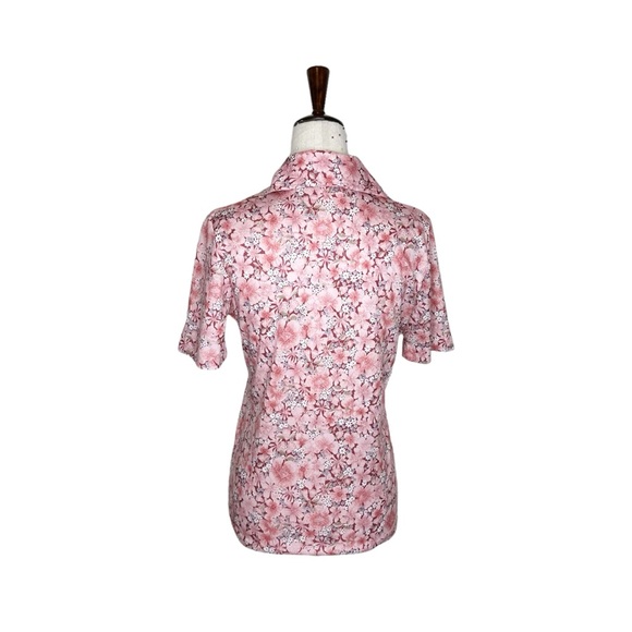 Vintage 70s Flower Power Pink Floral Collared Polyester Short Sleeve Top - Picture 4 of 7